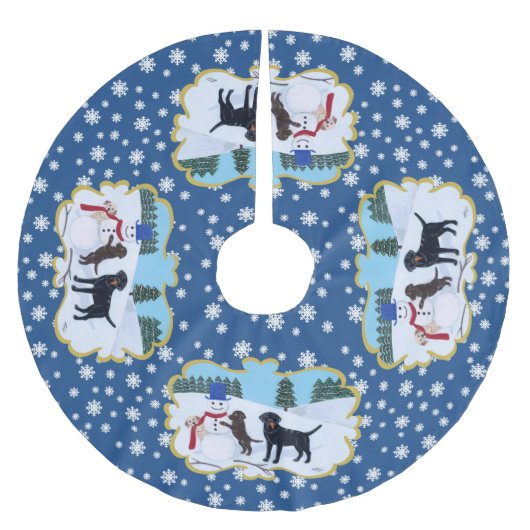 雪だるまとのラブラドールのクリスマス ブラッシュドポリエステルツリースカート (正面)