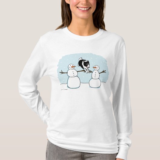 雪だるまとウィンターホリデー ボーダーコリー Tシャツ (正面)