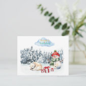 雪だるまとキュートな子供たちのクリスマスカード ポストカード (スタンド正面)