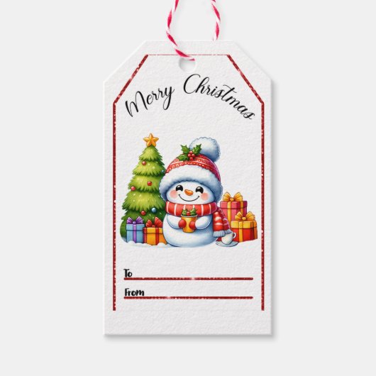 雪だるまとギフトと楽しいクリスマスラベル ギフトタグ (正面)