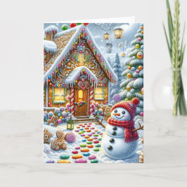 雪だるまとクリスマスのジンジャーブレッドハウス シーズンカード