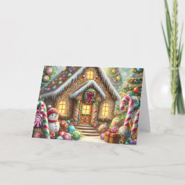 雪だるまとクリスマスの素敵なジンジャーブレッドハウス シーズンカード
