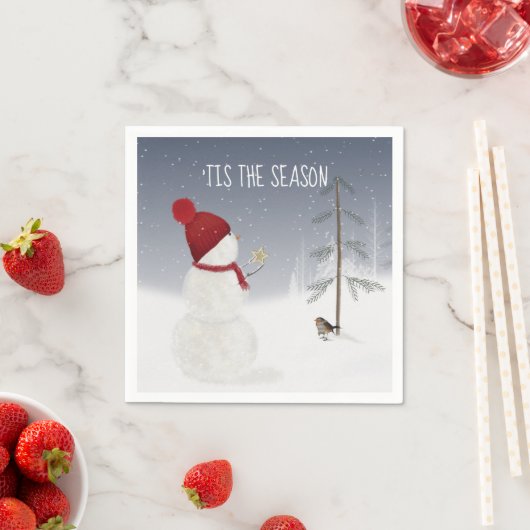 雪だるまとクリスマススター スタンダードカクテルナプキン (インサイチュ)