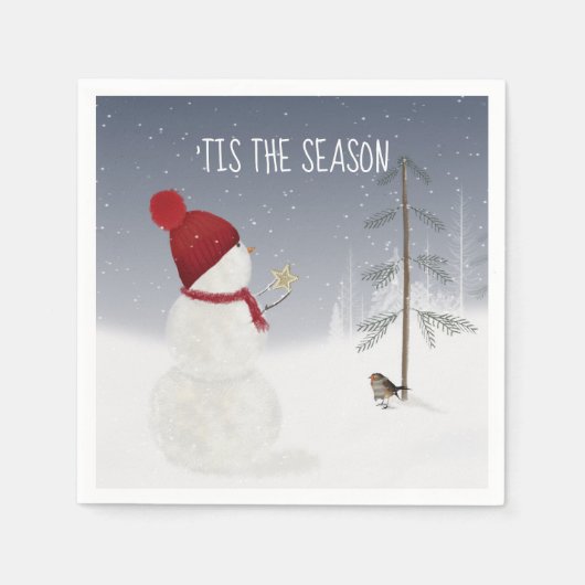 雪だるまとクリスマススター スタンダードカクテルナプキン (正面)