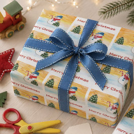 雪だるまとクリスマスツリーとスターホリデイ ラッピングペーパー