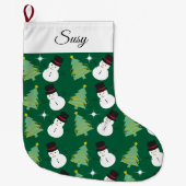 雪だるまとクリスマスツリーパターン ラージクリスマスストッキング (正面)