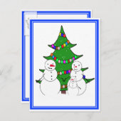 雪だるまとクリスマスツリーファミリー シーズンポストカード (正面/裏面)