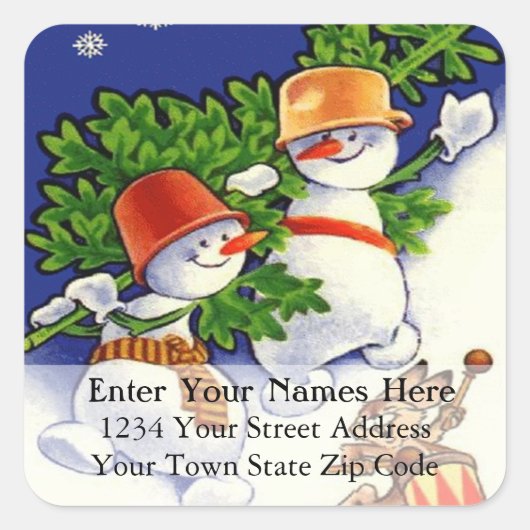 雪だるまとクリスマスツリーヴィンテージ住所 シール (正面)