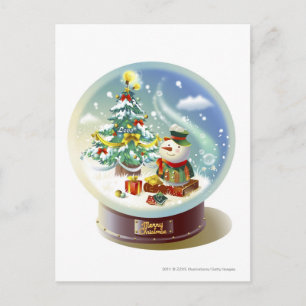 雪だるまとクリスマスツリー付き雪の球体 シーズンポストカード
