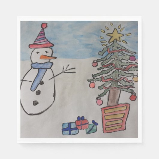雪だるまとクリスマスツリー スタンダードランチョンナプキン (正面)