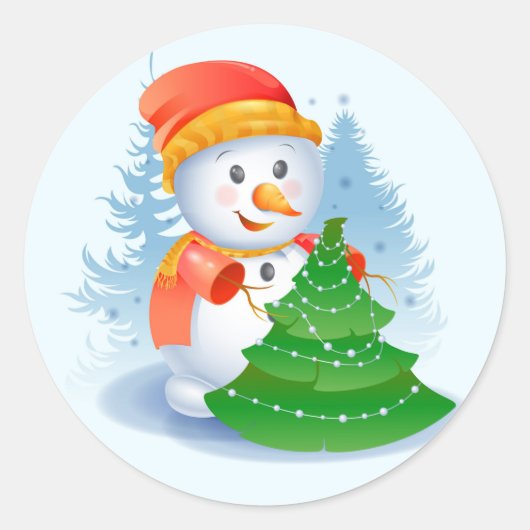 雪だるまとクリスマスツリー ラウンドシール (正面)