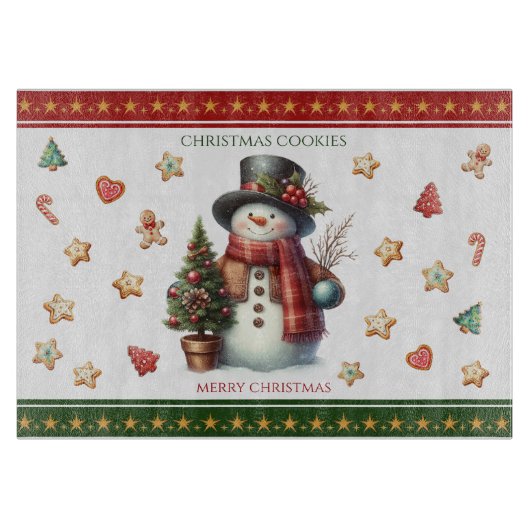 雪だるまとクリスマス+クッキーのスモールまな板 カッティングボード (正面)