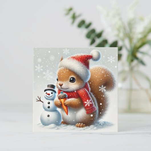雪だるまとサンタハットの居心地の良いリス シーズンカード (スタンド正面)