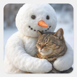 雪だるまとタビー猫のハグ スクエアシール