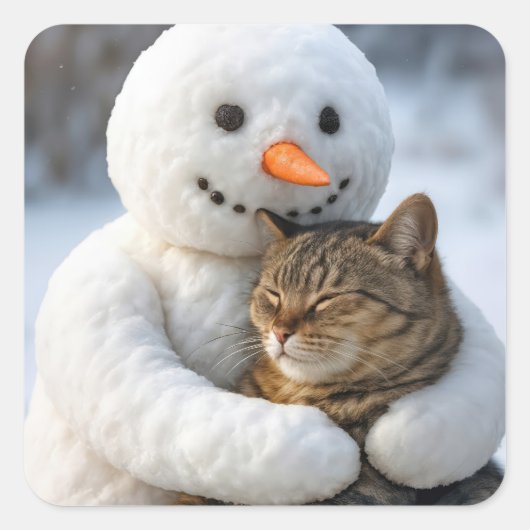 雪だるまとタビー猫のハグ スクエアシール (正面)