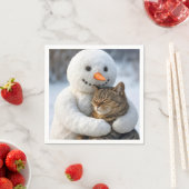 雪だるまとタビー猫のハグ スタンダードカクテルナプキン (インサイチュ)
