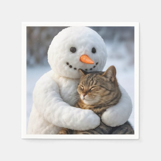 雪だるまとタビー猫のハグ スタンダードカクテルナプキン (正面)