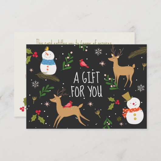 雪だるまとトナカイのクリスマスプレゼント証明書 (正面/裏面)