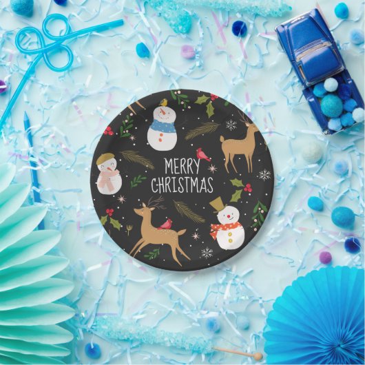 雪だるまとトナカイのクリスマス ペーパープレート (パーティー)