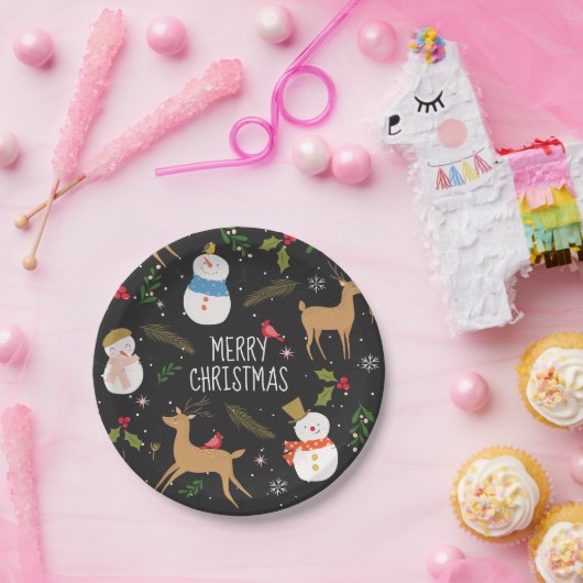 雪だるまとトナカイのクリスマス ペーパープレート (パーティー)