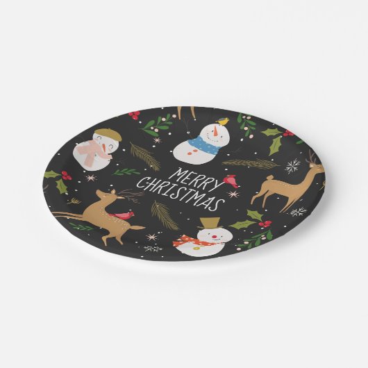 雪だるまとトナカイのクリスマス ペーパープレート (アングル)