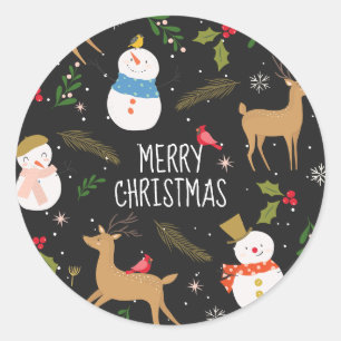 雪だるまとトナカイのクリスマス ラウンドシール