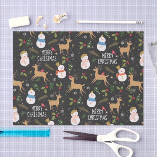 雪だるまとトナカイのクリスマス 薄葉紙 (クラフト)
