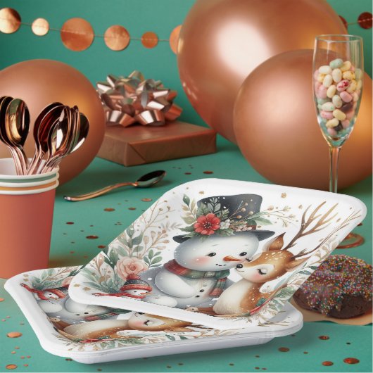 雪だるまとトナカイの友だち ペーパープレート (複数)