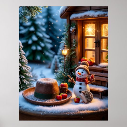 雪だるまとハリネズミのあったかい冬の情景 ポスター (正面)