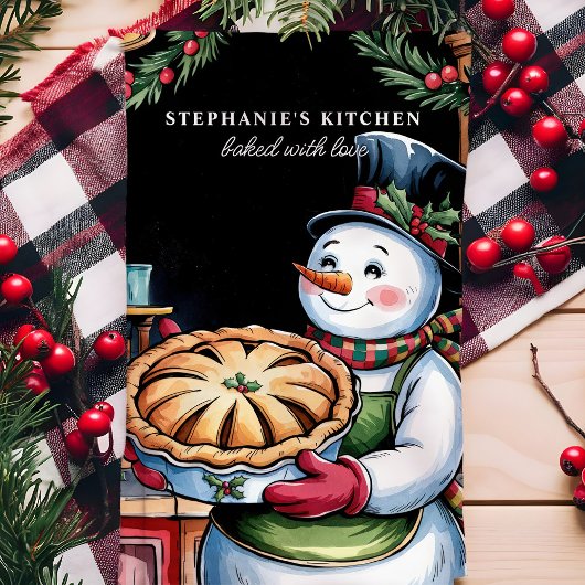 雪だるまとパイパーソナライズされたクリスマス キッチンタオル