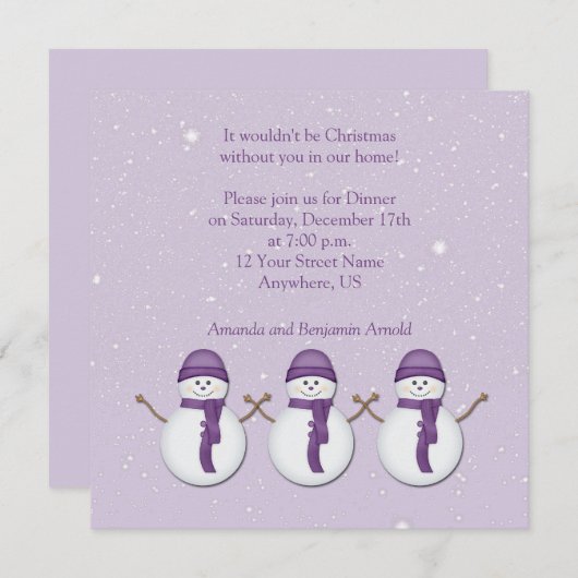雪だるまとパープル・ハッツ・スカーフ・クリスマス・インビタット 招待状 (正面/裏面)