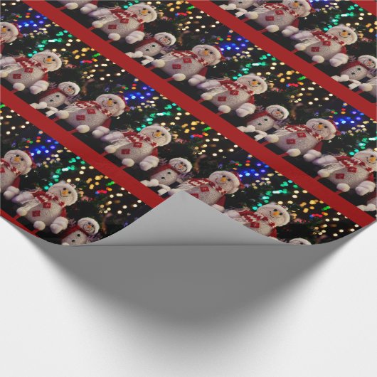 雪だるまとファミリのオーナメントの木の折り返しページ ラッピングペーパー (角)