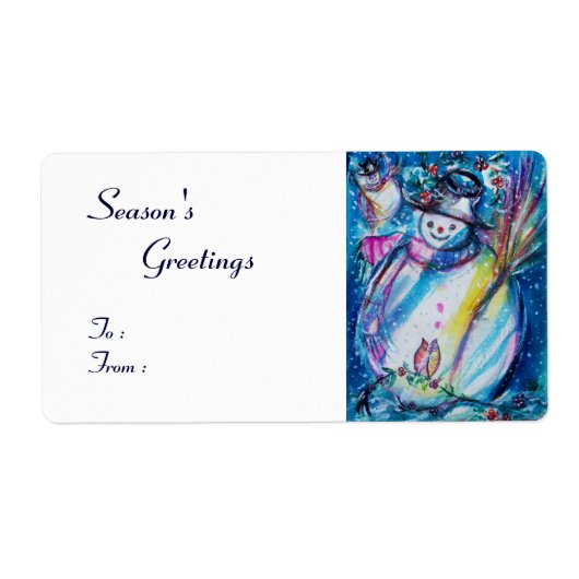 雪だるまとフクロウ、白い青の赤 ラベル (正面)