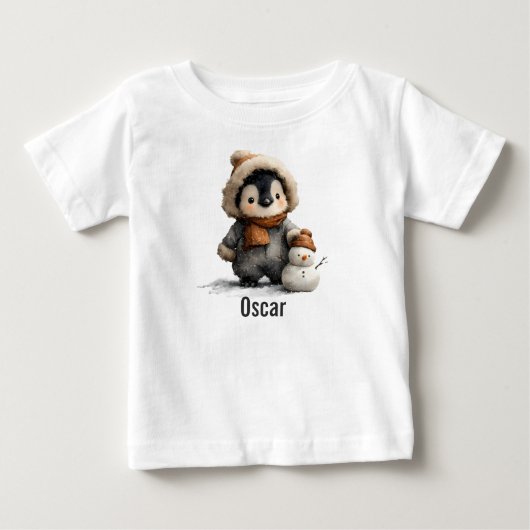 雪だるまとペンギンのデザイン ベビーTシャツ (正面)