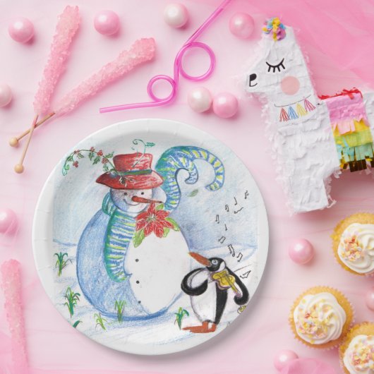 雪だるまとペンギンの冬のセレナード ペーパープレート (パーティー)