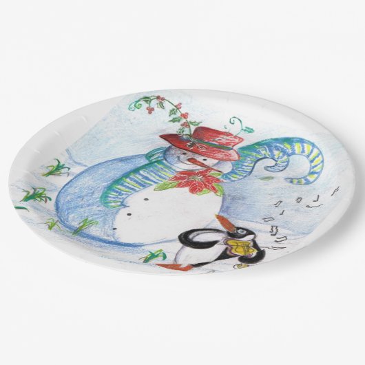 雪だるまとペンギンの冬のセレナード ペーパープレート (アングル)