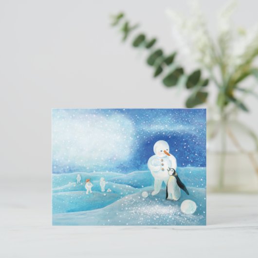 雪だるまとペンギンイラストレーション ポストカード (スタンド正面)