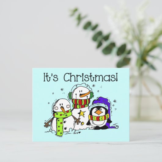 雪だるまとペンギンクリスマス シーズンポストカード (スタンド正面)