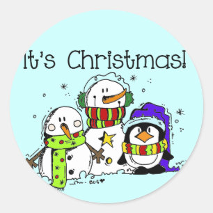 雪だるまとペンギンクリスマス ラウンドシール