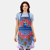 雪だるまとホリーベリーとYOUR NAME on BLUE エプロン (着用した状態)