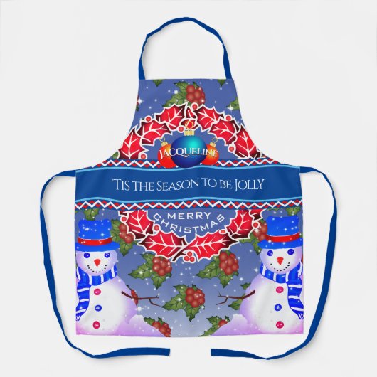 雪だるまとホリーベリーとYOUR NAME on BLUE エプロン (正面)