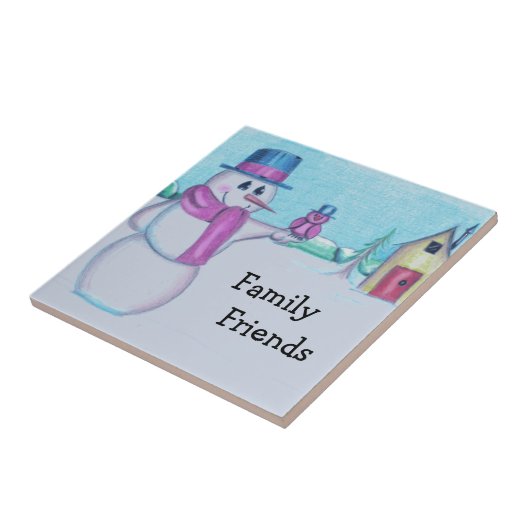 雪だるまとレッドバードフォークアートスケッチ タイル (側面)