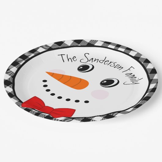 雪だるまとレッドボウタイブラックバッファロープリドトリム ペーパープレート (アングル)