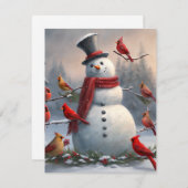 雪だるまとレッド深紅色スノウイ シーズンカード (正面/裏面)
