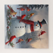 雪だるまとレッド深紅色スノウイ ジグソーパズル (横)