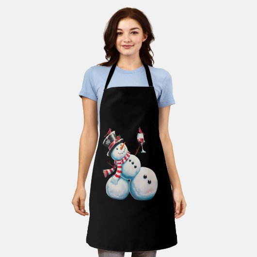 雪だるまとワインクリスマスおもしろいクリスマスギフト エプロン (着用した状態)