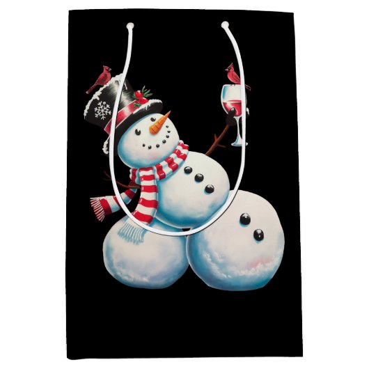 雪だるまとワインクリスマスおもしろいクリスマスギフト ミディアムペーパーバッグ (正面)