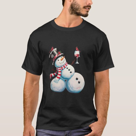 雪だるまとワインクリスマスおもしろいクリスマスギフト Tシャツ (正面)