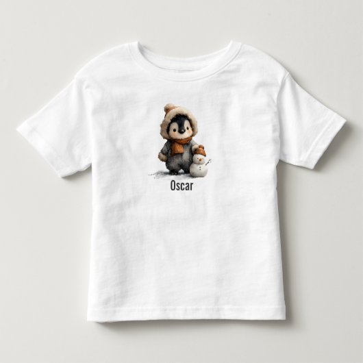 雪だるまと冬のペンギンのデザイン トドラーTシャツ (正面)