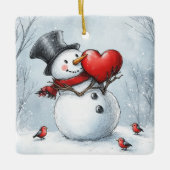 雪だるまと大ハート&詩 セラミックオーナメント (正面)